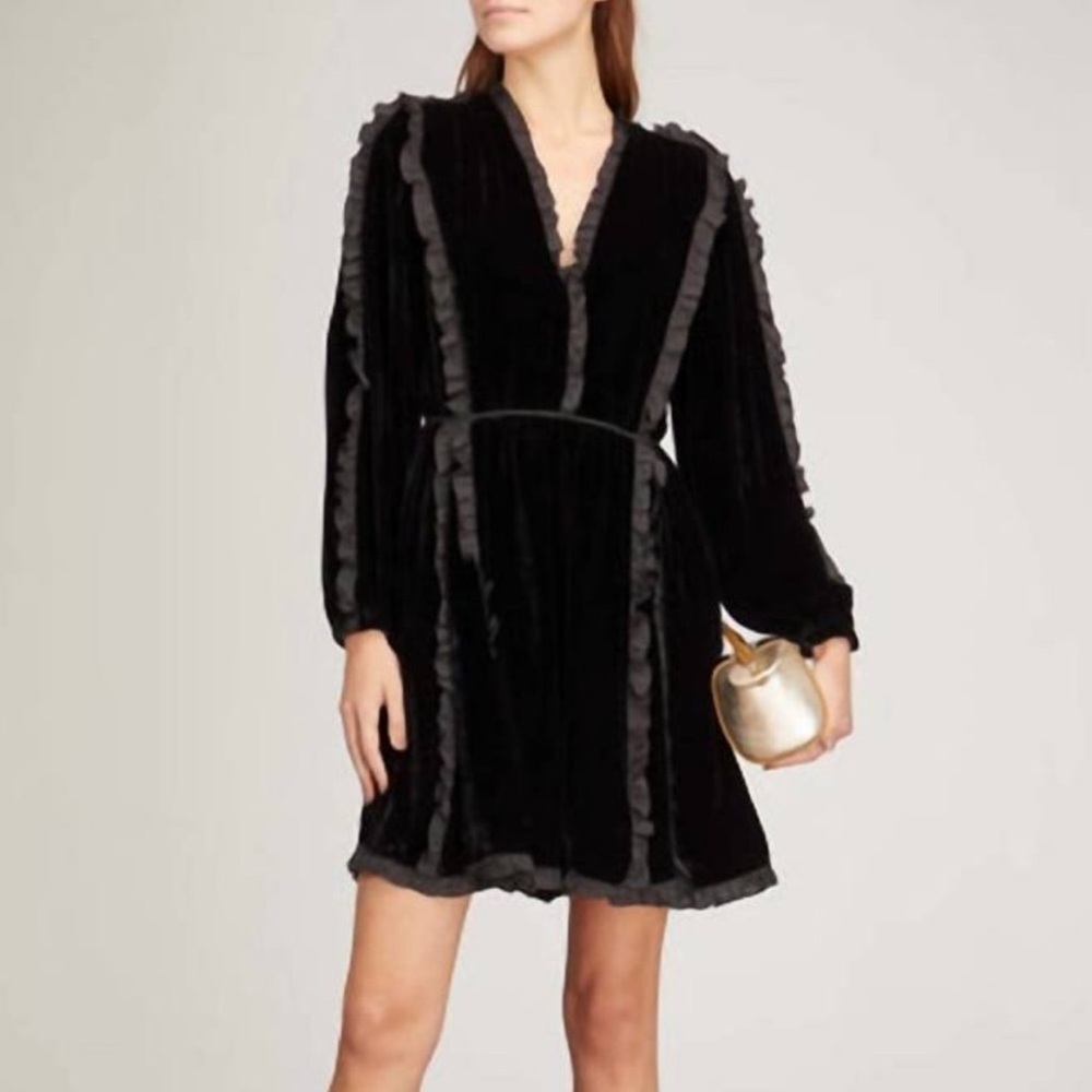 ULLA JOHNSON ruffle trim erika velvet dress in noir silk 2 black